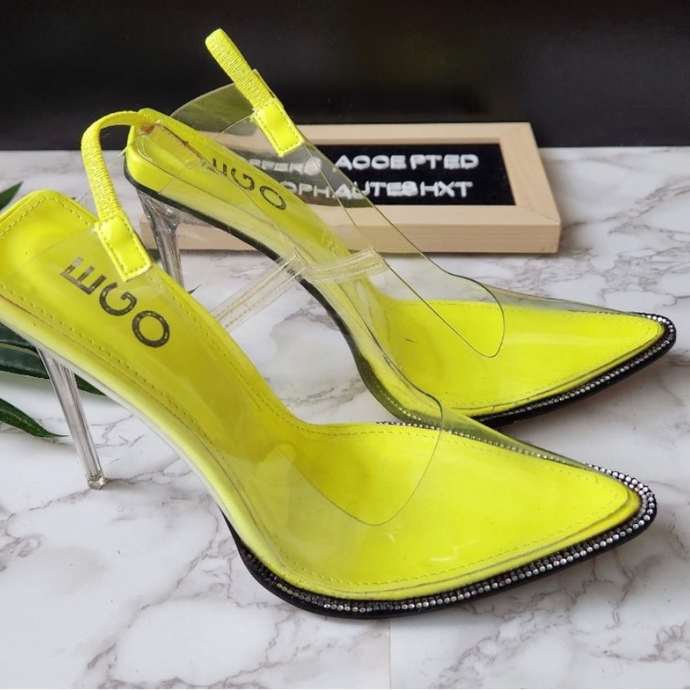 EGO Clear Transparent Lime Green
Pointed Toe Rhinestone Sling Back Heels